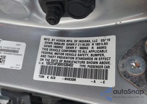 2019 Honda Insight Ex z USA, uszkodzony, nr VIN 19XZE4F50KE030452